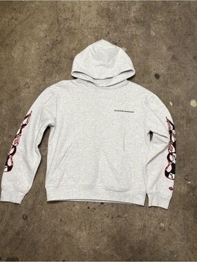 Chrome Hearts Light Gray Crewneck Hoodie with Red & Black Sleeve Graphics